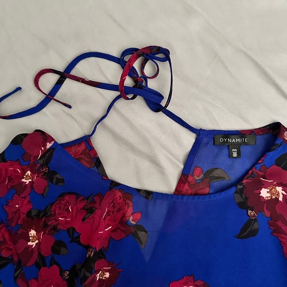 Sheer Peplum Blue Floral Blouse Tie-Back Elastic Waist Size Small - Picture 6 of 7